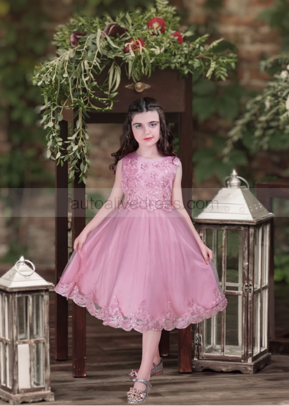 Dusty Rose Lace Tulle Scalloped Hem Flower Girl Dress